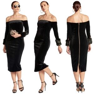 Simona Maghen Joia Dress Velvet Off The Shoulder Long Sleeve Dress Faux Fur Cuff